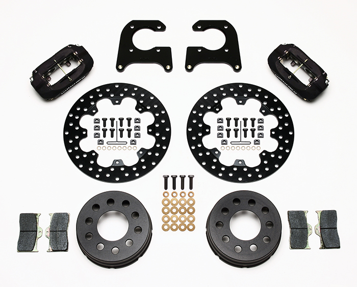 Wilwood Forged Dynalite Dynamic Rear Drag Brake Kit Parts Laid Out - Type III Anodize Caliper - Drilled Rotor