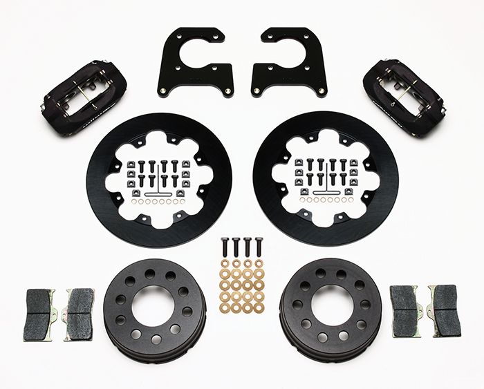 Wilwood Forged Dynalite Dynamic Rear Drag Brake Kit Parts Laid Out - Type III Anodize Caliper - Plain Face Rotor