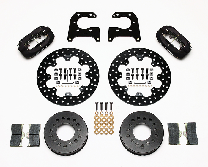 Wilwood Forged Dynalite Dynamic Rear Drag Brake Kit Parts Laid Out - Type III Anodize Caliper - Drilled Rotor