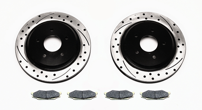 Wilwood Promatrix Rear Replacement Rotor Kit Parts Laid Out - SRP Dimpled & Slotted Rotor