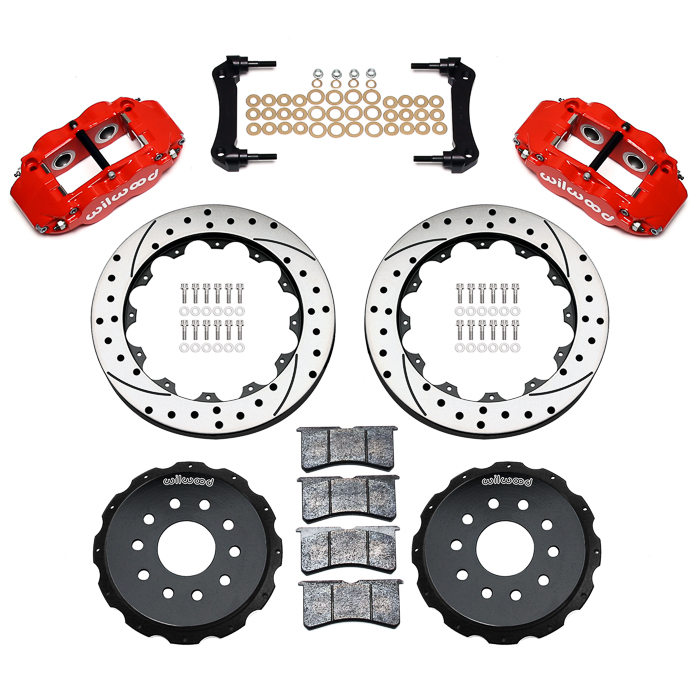 Wilwood Forged Narrow Superlite 4R Big Brake Rear Brake Kit For OE Parking Brake Parts Laid Out - Red Powder Coat Caliper - SRP Drilled & Slotted Rotor