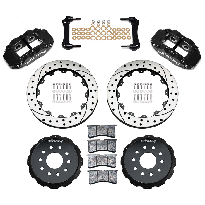 Wilwood Forged Narrow Superlite 4R Big Brake Rear Brake Kit For OE Parking Brake Parts Laid Out - Black Powder Coat Caliper - SRP Drilled & Slotted Rotor