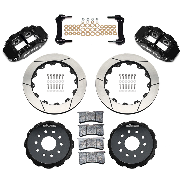 Wilwood Forged Narrow Superlite 4R Big Brake Rear Brake Kit For OE Parking Brake Parts Laid Out - Black Powder Coat Caliper - GT Slotted Rotor