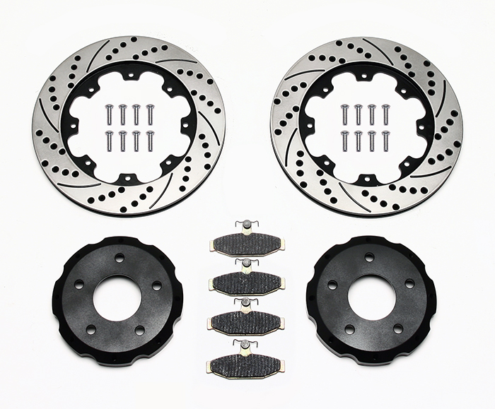 Wilwood Promatrix Rear Replacement Rotor Kit Parts Laid Out - SRP Drilled & Slotted Rotor