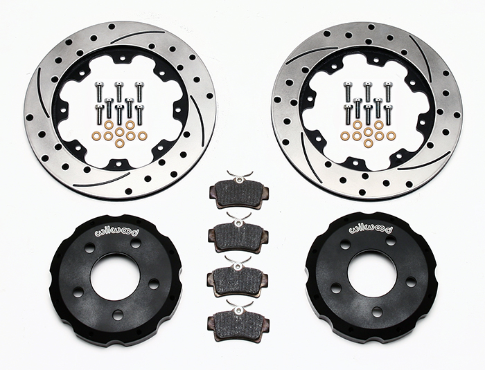 Wilwood Promatrix Rear Replacement Rotor Kit Parts Laid Out - SRP Drilled & Slotted Rotor