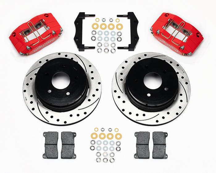 Wilwood Dynapro Radial Rear Brake Kit For OE Parking Brake Parts Laid Out - Red Powder Coat Caliper - SRP Drilled & Slotted Rotor
