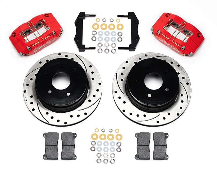 Wilwood Dynapro Radial Rear Brake Kit For OE Parking Brake Parts Laid Out - Red Powder Coat Caliper - SRP Drilled & Slotted Rotor