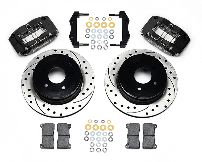 Wilwood Dynapro Radial Rear Brake Kit For OE Parking Brake Parts Laid Out - Black Powder Coat Caliper - SRP Drilled & Slotted Rotor