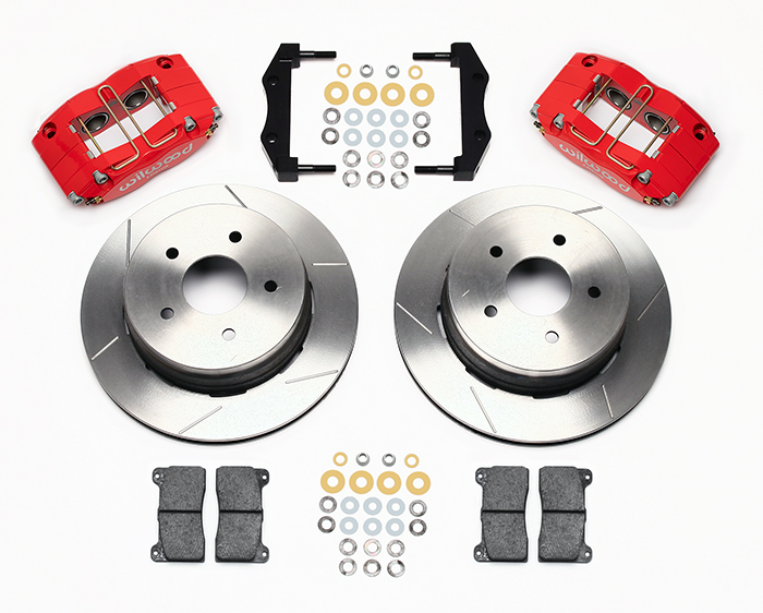 Wilwood Dynapro Radial Rear Brake Kit For OE Parking Brake Parts Laid Out - Red Powder Coat Caliper - GT Slotted Rotor