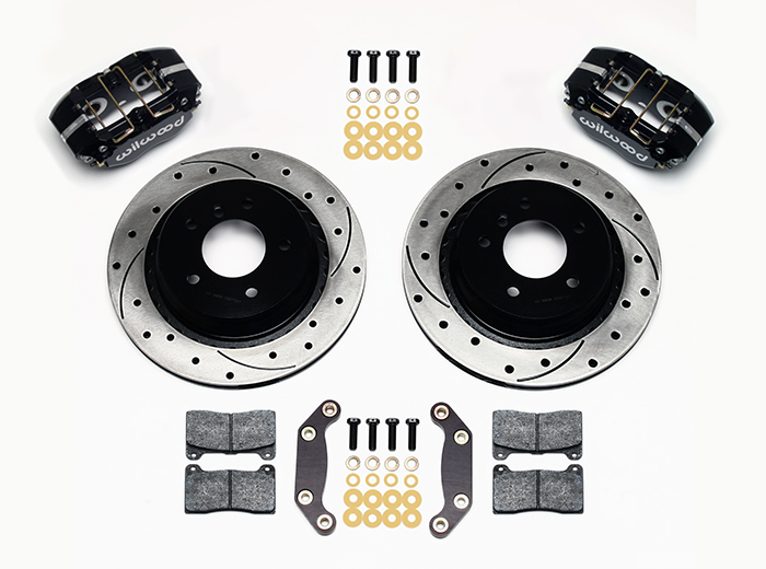 Wilwood Dynapro Rear Brake Kit For OE Parking Brake Parts Laid Out - Black Powder Coat Caliper - SRP Drilled & Slotted Rotor