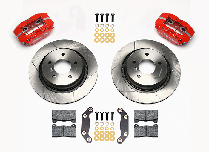 Wilwood Dynapro Rear Brake Kit For OE Parking Brake Parts Laid Out - Red Powder Coat Caliper - GT Slotted Rotor