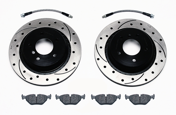 Wilwood Promatrix Rear Replacement Rotor Kit Parts Laid Out - SRP Drilled & Slotted Rotor