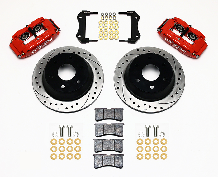 Wilwood Superlite 4R Big Brake Rear Brake Kit For OE Parking Brake Parts Laid Out - Red Powder Coat Caliper - SRP Drilled & Slotted Rotor