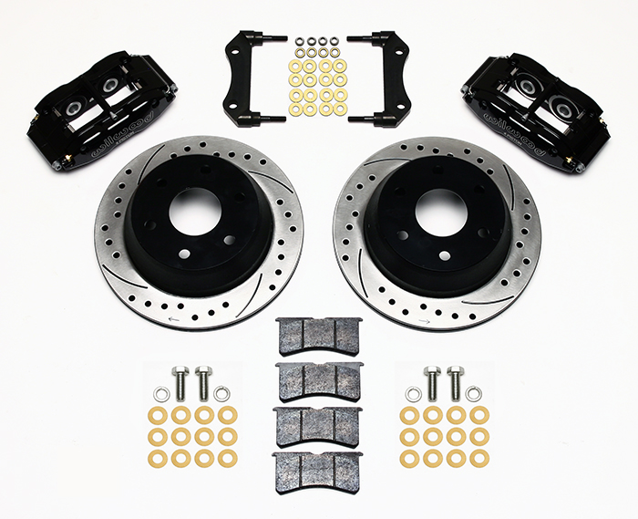 Wilwood Superlite 4R Big Brake Rear Brake Kit For OE Parking Brake Parts Laid Out - Black Powder Coat Caliper - SRP Drilled & Slotted Rotor