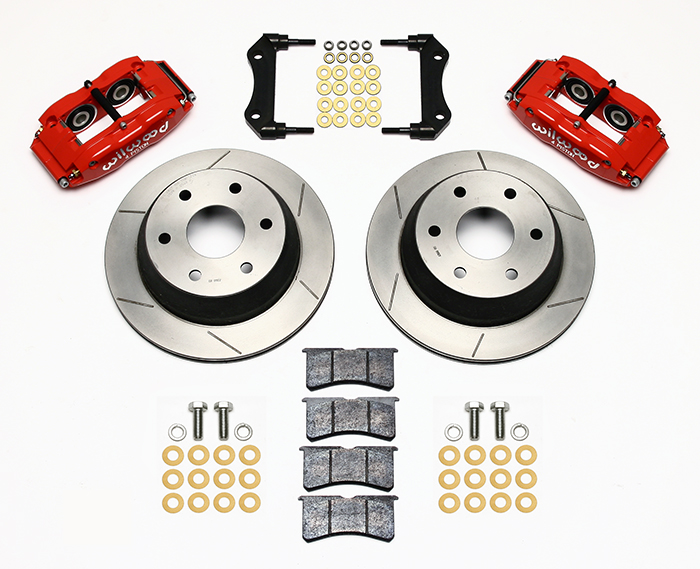 Wilwood Superlite 4R Big Brake Rear Brake Kit For OE Parking Brake Parts Laid Out - Red Powder Coat Caliper - GT Slotted Rotor