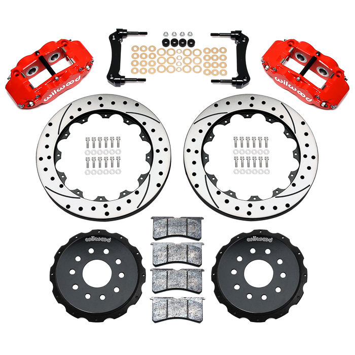 Wilwood Forged Narrow Superlite 4R Big Brake Rear Brake Kit For OE Parking Brake Parts Laid Out - Red Powder Coat Caliper - SRP Drilled & Slotted Rotor