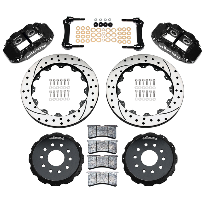 Wilwood Forged Narrow Superlite 4R Big Brake Rear Brake Kit For OE Parking Brake Parts Laid Out - Black Powder Coat Caliper - SRP Drilled & Slotted Rotor