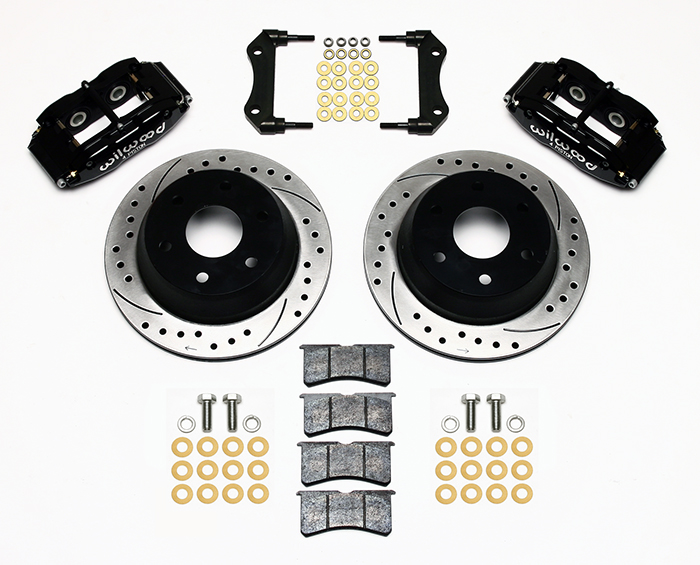 Wilwood Superlite 4R Big Brake Rear Brake Kit For OE Parking Brake Parts Laid Out - Black Powder Coat Caliper - SRP Drilled & Slotted Rotor