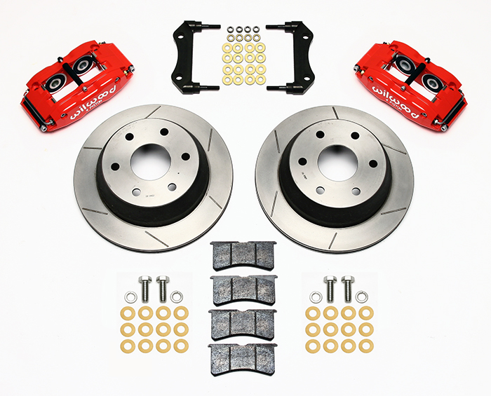 Wilwood Superlite 4R Big Brake Rear Brake Kit For OE Parking Brake Parts Laid Out - Red Powder Coat Caliper - GT Slotted Rotor