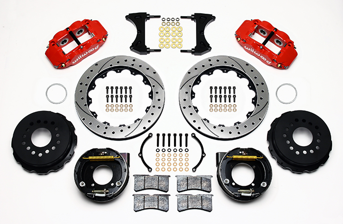 Wilwood Forged Narrow Superlite 4R Big Brake Rear Parking Brake Kit Parts Laid Out - Red Powder Coat Caliper - SRP Drilled & Slotted Rotor