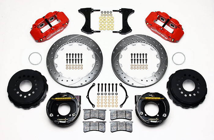 Wilwood Forged Narrow Superlite 4R Big Brake Rear Parking Brake Kit Parts Laid Out - Red Powder Coat Caliper - SRP Drilled & Slotted Rotor