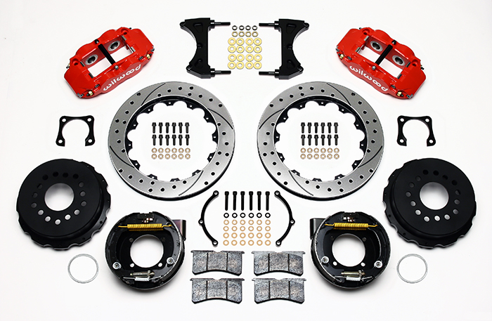 Wilwood Forged Narrow Superlite 4R Big Brake Rear Parking Brake Kit Parts Laid Out - Red Powder Coat Caliper - SRP Drilled & Slotted Rotor