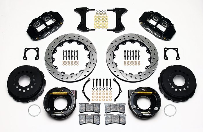 Wilwood Forged Narrow Superlite 4R Big Brake Rear Parking Brake Kit Parts Laid Out - Black Powder Coat Caliper - SRP Drilled & Slotted Rotor