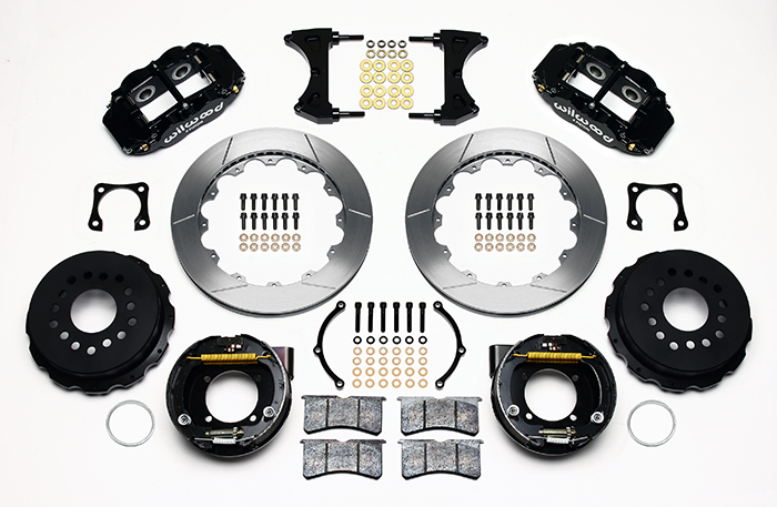 Wilwood Forged Narrow Superlite 4R Big Brake Rear Parking Brake Kit Parts Laid Out - Black Powder Coat Caliper - GT Slotted Rotor