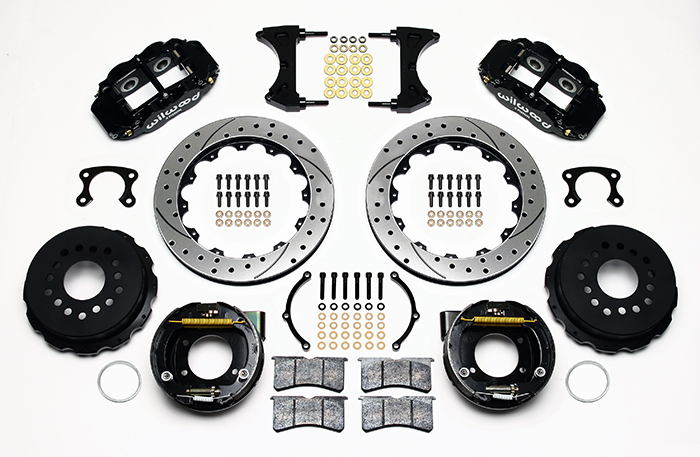 Wilwood Forged Narrow Superlite 4R Big Brake Rear Parking Brake Kit Parts Laid Out - Black Powder Coat Caliper - SRP Drilled & Slotted Rotor