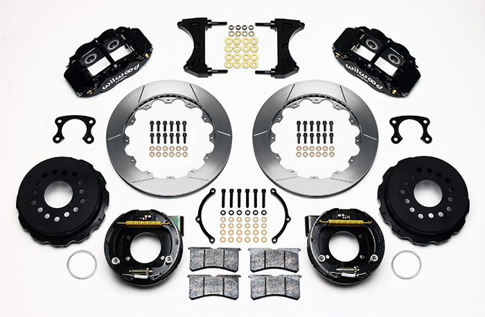 Wilwood Forged Narrow Superlite 4R Big Brake Rear Parking Brake Kit Parts Laid Out - Black Powder Coat Caliper - GT Slotted Rotor