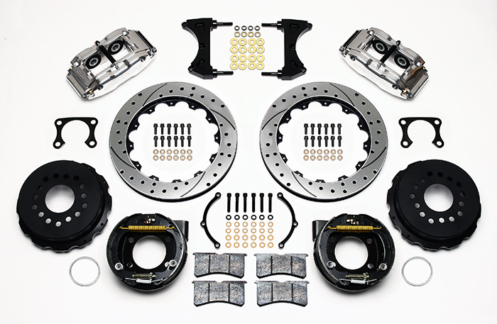 Wilwood Forged Narrow Superlite 4R Big Brake Rear Parking Brake Kit Parts Laid Out - Polish Caliper - SRP Drilled & Slotted Rotor