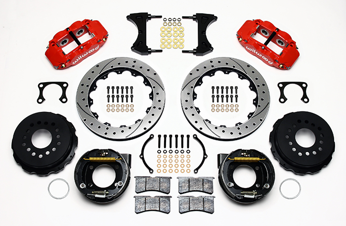 Wilwood Forged Narrow Superlite 4R Big Brake Rear Parking Brake Kit Parts Laid Out - Red Powder Coat Caliper - SRP Drilled & Slotted Rotor