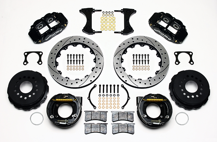 Wilwood Forged Narrow Superlite 4R Big Brake Rear Parking Brake Kit Parts Laid Out - Black Powder Coat Caliper - SRP Drilled & Slotted Rotor