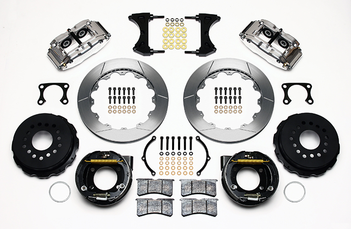 Wilwood Forged Narrow Superlite 4R Big Brake Rear Parking Brake Kit Parts Laid Out - Polish Caliper - GT Slotted Rotor