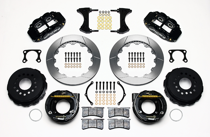 Wilwood Forged Narrow Superlite 4R Big Brake Rear Parking Brake Kit Parts Laid Out - Black Powder Coat Caliper - GT Slotted Rotor