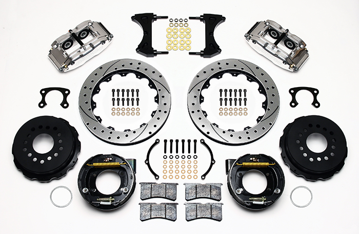 Wilwood Forged Narrow Superlite 4R Big Brake Rear Parking Brake Kit Parts Laid Out - Polish Caliper - SRP Drilled & Slotted Rotor