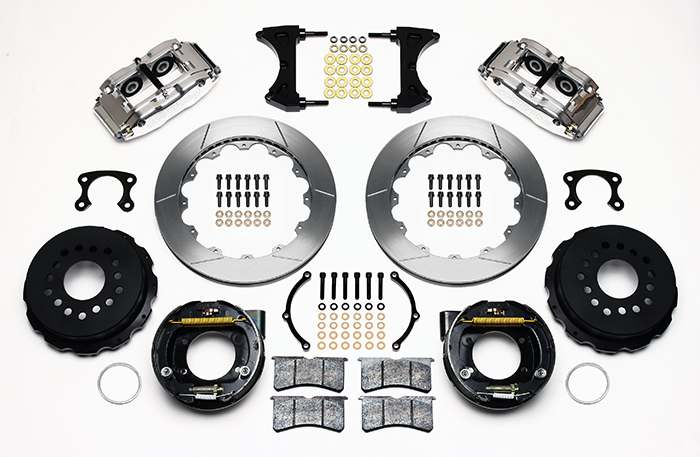 Wilwood Forged Narrow Superlite 4R Big Brake Rear Parking Brake Kit Parts Laid Out - Polish Caliper - GT Slotted Rotor