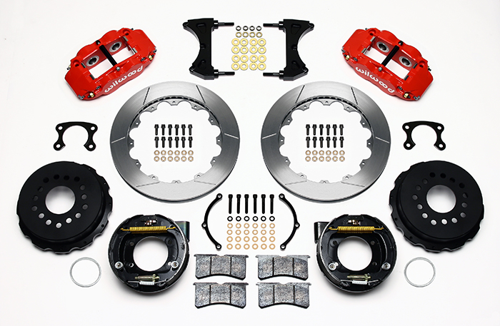 Wilwood Forged Narrow Superlite 4R Big Brake Rear Parking Brake Kit Parts Laid Out - Red Powder Coat Caliper - GT Slotted Rotor