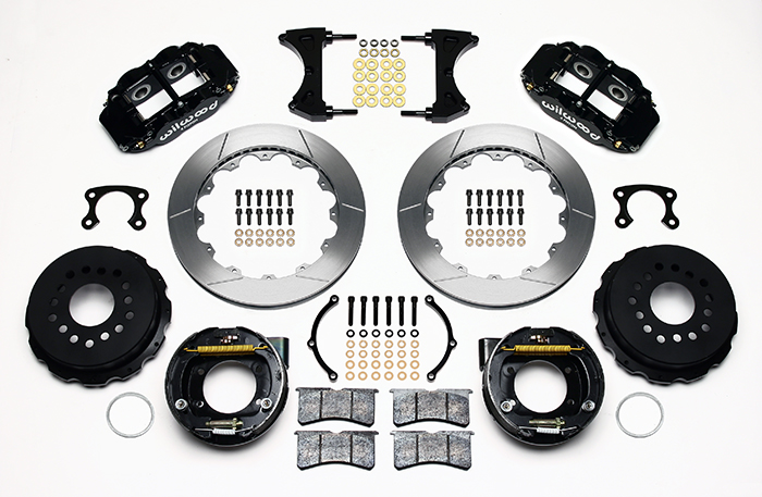 Wilwood Forged Narrow Superlite 4R Big Brake Rear Parking Brake Kit Parts Laid Out - Black Powder Coat Caliper - GT Slotted Rotor