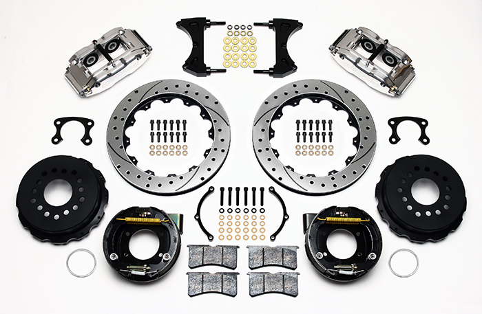 Wilwood Forged Narrow Superlite 4R Big Brake Rear Parking Brake Kit Parts Laid Out - Polish Caliper - SRP Drilled & Slotted Rotor