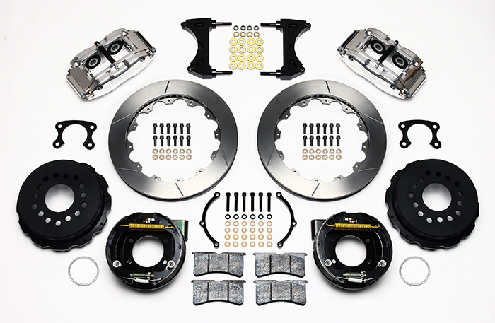 Wilwood Forged Narrow Superlite 4R Big Brake Rear Parking Brake Kit Parts Laid Out - Polish Caliper - GT Slotted Rotor