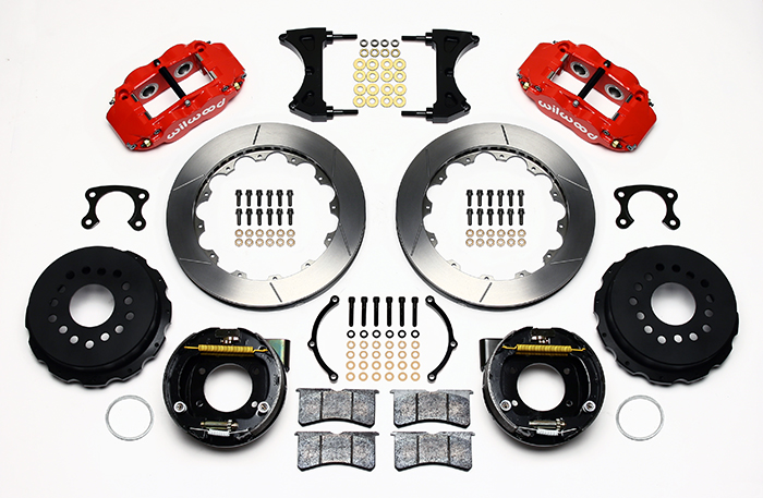 Wilwood Forged Narrow Superlite 4R Big Brake Rear Parking Brake Kit Parts Laid Out - Red Powder Coat Caliper - GT Slotted Rotor