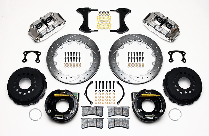 Wilwood Forged Narrow Superlite 4R Big Brake Rear Parking Brake Kit Parts Laid Out - Polish Caliper - SRP Drilled & Slotted Rotor