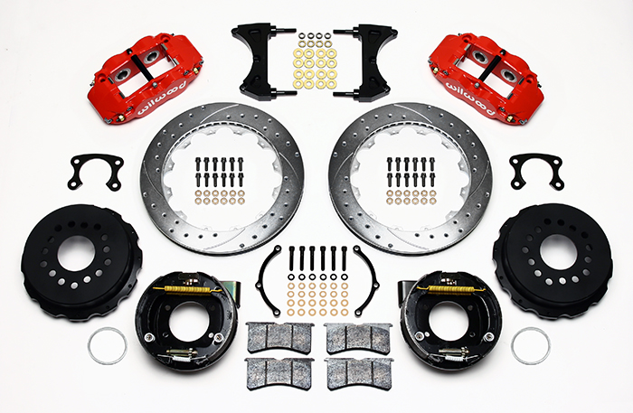 Wilwood Forged Narrow Superlite 4R Big Brake Rear Parking Brake Kit Parts Laid Out - Red Powder Coat Caliper - SRP Drilled & Slotted Rotor