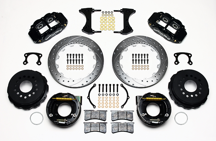 Wilwood Forged Narrow Superlite 4R Big Brake Rear Parking Brake Kit Parts Laid Out - Black Powder Coat Caliper - SRP Drilled & Slotted Rotor