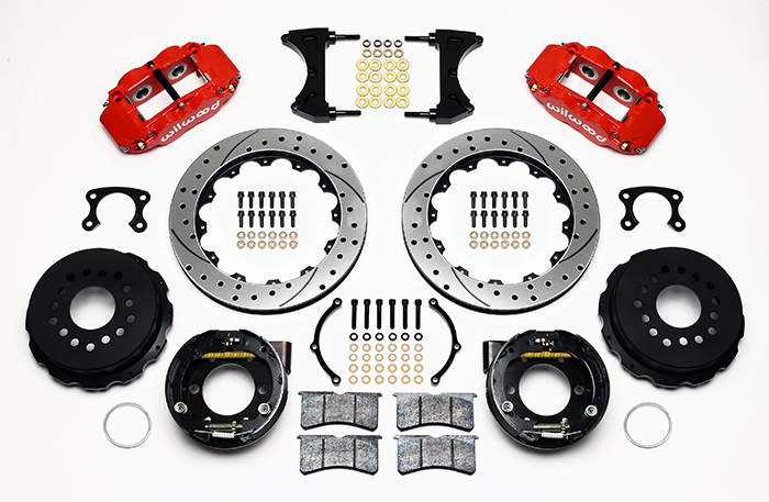 Wilwood Forged Narrow Superlite 4R Big Brake Rear Parking Brake Kit Parts Laid Out - Red Powder Coat Caliper - SRP Drilled & Slotted Rotor