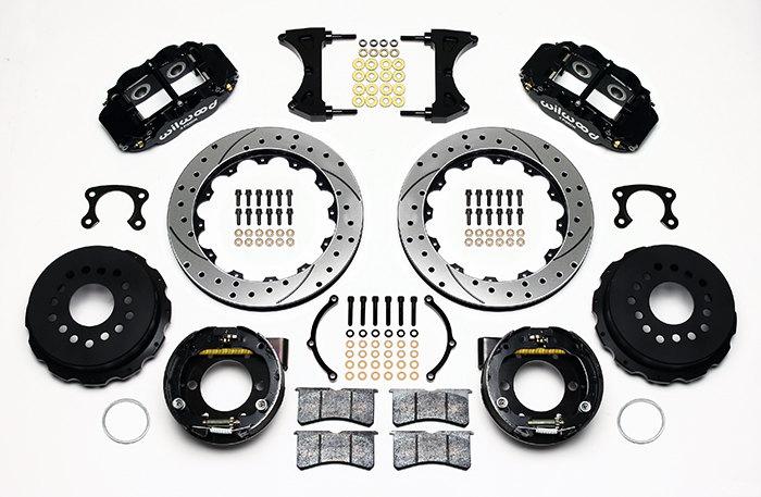 Wilwood Forged Narrow Superlite 4R Big Brake Rear Parking Brake Kit Parts Laid Out - Black Powder Coat Caliper - SRP Drilled & Slotted Rotor