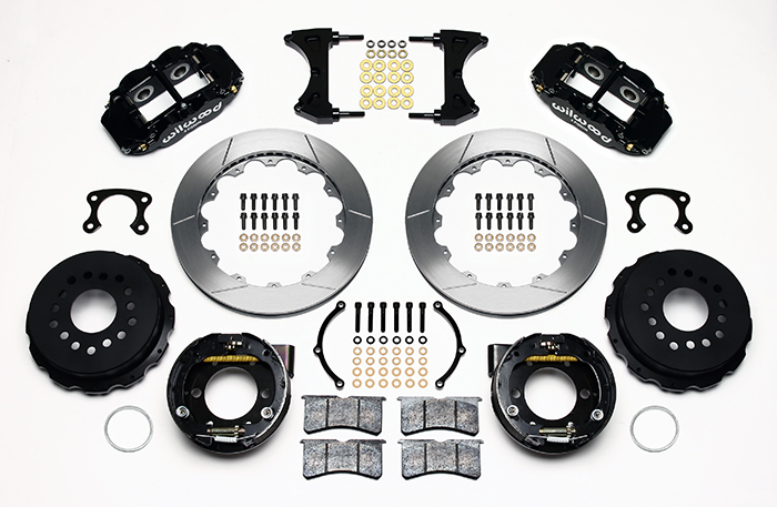 Wilwood Forged Narrow Superlite 4R Big Brake Rear Parking Brake Kit Parts Laid Out - Black Powder Coat Caliper - GT Slotted Rotor