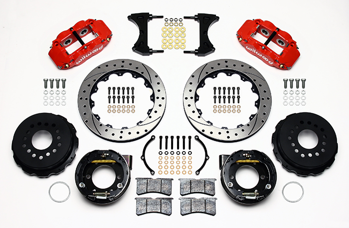 Wilwood Forged Narrow Superlite 4R Big Brake Rear Parking Brake Kit Parts Laid Out - Red Powder Coat Caliper - SRP Drilled & Slotted Rotor