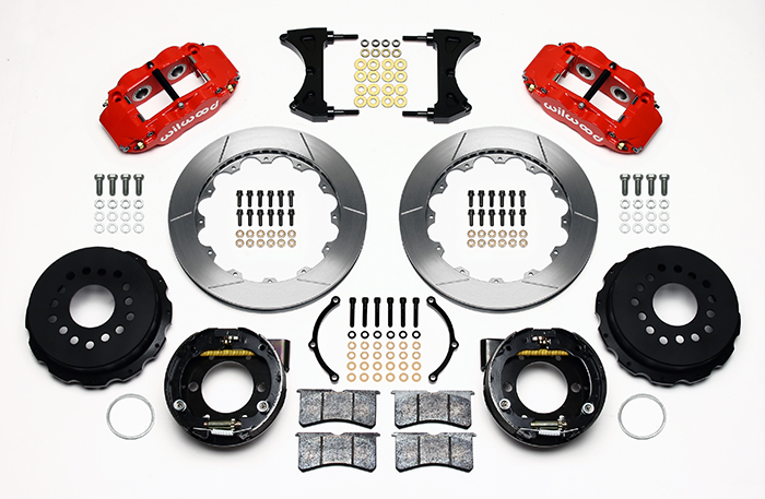 Wilwood Forged Narrow Superlite 4R Big Brake Rear Parking Brake Kit Parts Laid Out - Red Powder Coat Caliper - GT Slotted Rotor